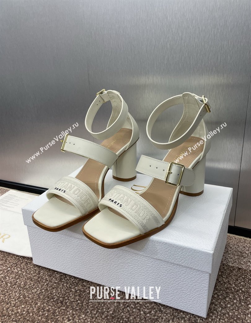 Dior Dway Heeled Sandals 7.5cm in White Calfskin and Embroidered Cotton 2024 (JC-241231062)