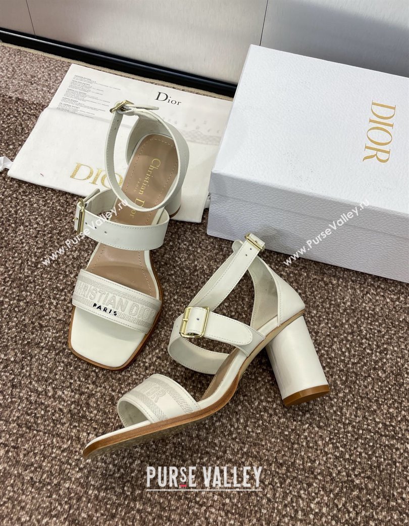 Dior Dway Heeled Sandals 7.5cm in White Calfskin and Embroidered Cotton 2024 (JC-241231062)