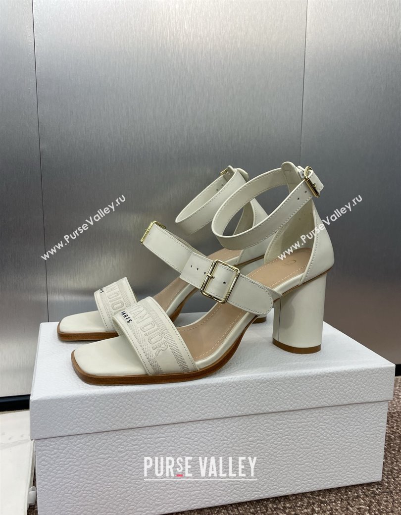 Dior Dway Heeled Sandals 7.5cm in White Calfskin and Embroidered Cotton 2024 (JC-241231062)