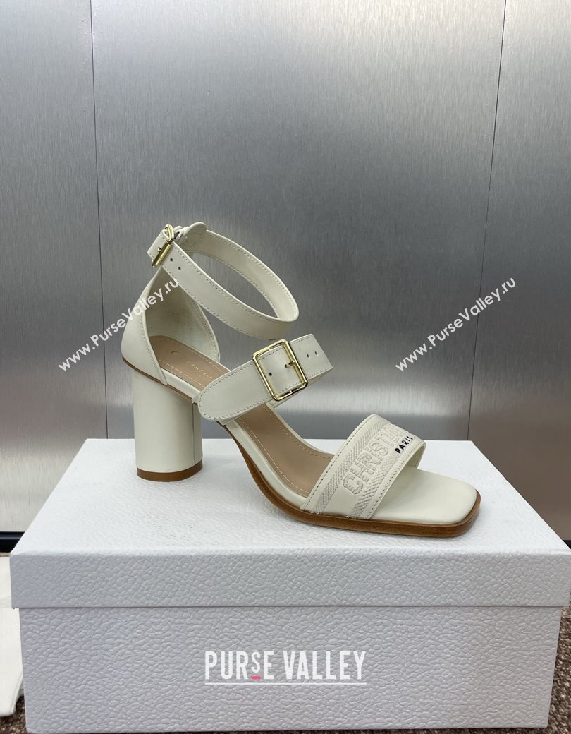 Dior Dway Heeled Sandals 7.5cm in White Calfskin and Embroidered Cotton 2024 (JC-241231062)