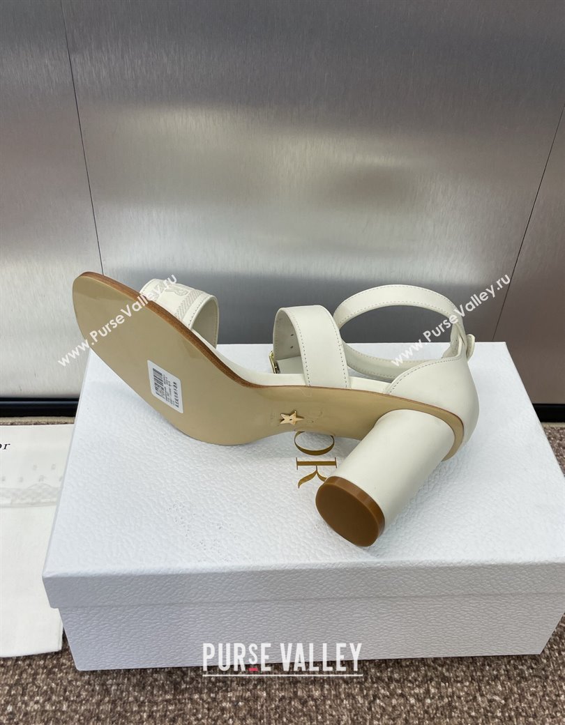 Dior Dway Heeled Sandals 7.5cm in White Calfskin and Embroidered Cotton 2024 (JC-241231062)