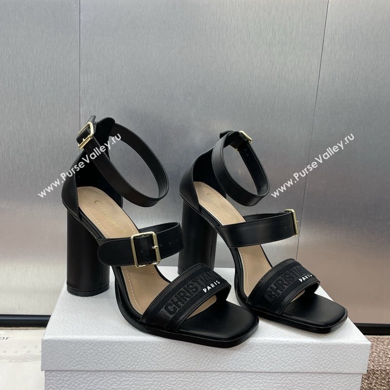 Dior Dway Heeled Sandals 9.5cm in Black Calfskin and Embroidered Cotton 2024 (JC-241231063)