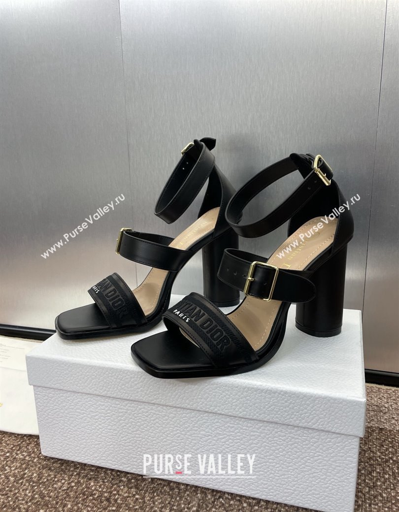 Dior Dway Heeled Sandals 9.5cm in Black Calfskin and Embroidered Cotton 2024 (JC-241231063)