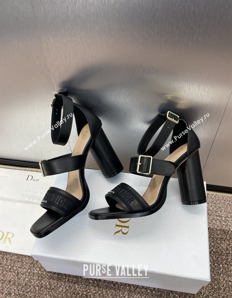 Dior Dway Heeled Sandals 9.5cm in Black Calfskin and Embroidered Cotton 2024 (JC-241231063)