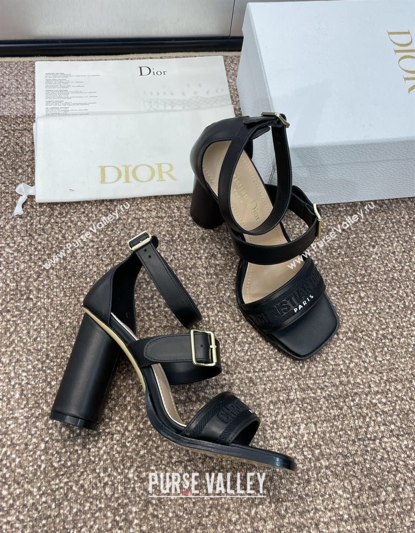 Dior Dway Heeled Sandals 9.5cm in Black Calfskin and Embroidered Cotton 2024 (JC-241231063)