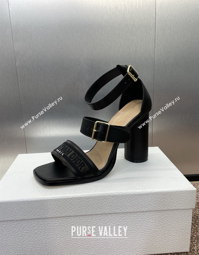 Dior Dway Heeled Sandals 9.5cm in Black Calfskin and Embroidered Cotton 2024 (JC-241231063)