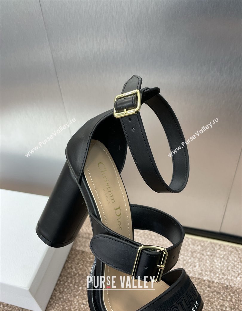 Dior Dway Heeled Sandals 9.5cm in Black Calfskin and Embroidered Cotton 2024 (JC-241231063)