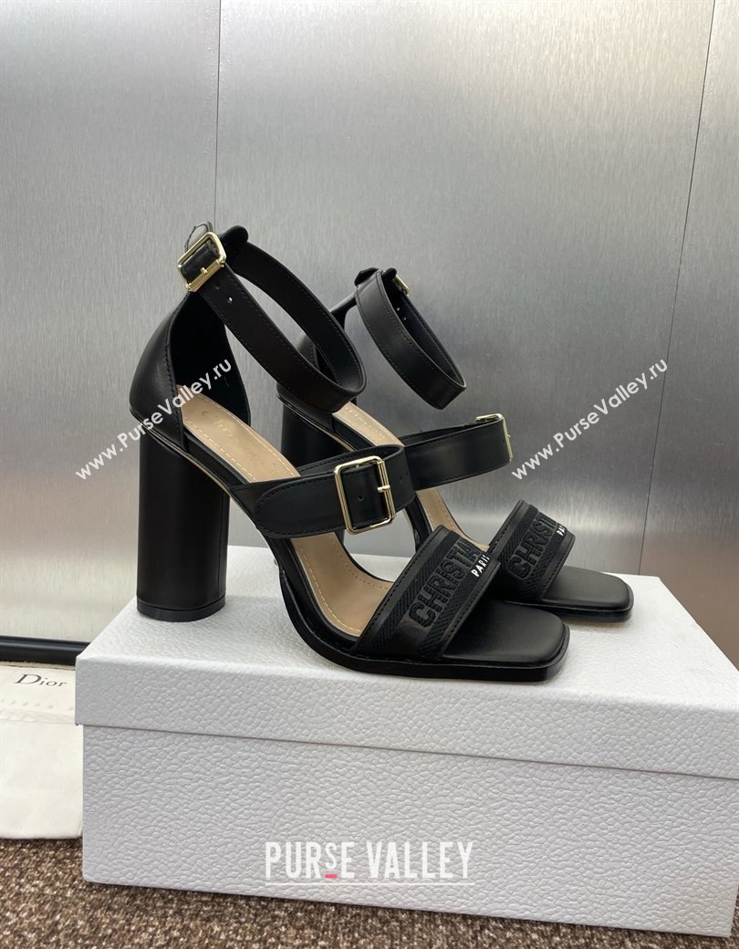 Dior Dway Heeled Sandals 9.5cm in Black Calfskin and Embroidered Cotton 2024 (JC-241231063)