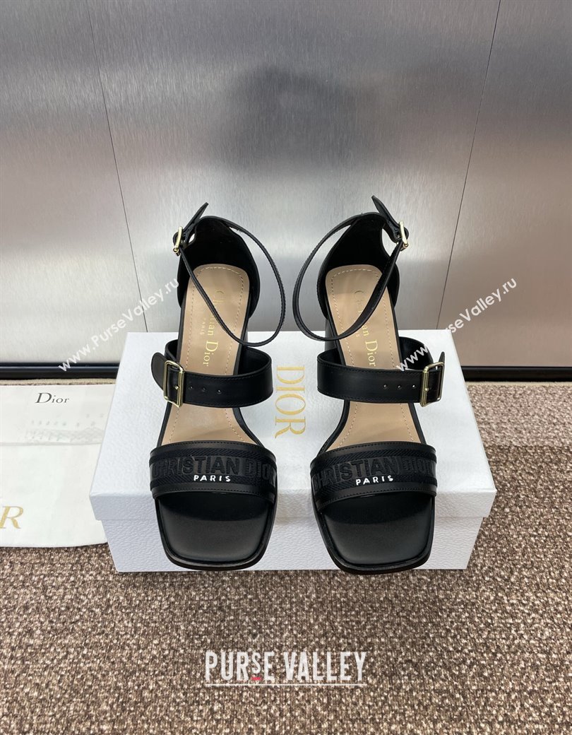 Dior Dway Heeled Sandals 7.5cm in Black Calfskin and Embroidered Cotton 2024 (JC-241231064)