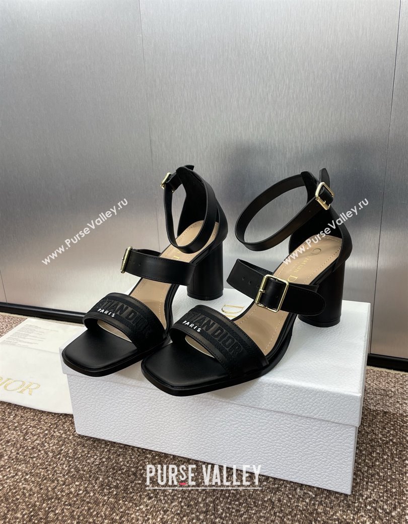 Dior Dway Heeled Sandals 7.5cm in Black Calfskin and Embroidered Cotton 2024 (JC-241231064)