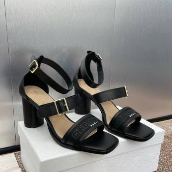 Dior Dway Heeled Sandals 7.5cm in Black Calfskin and Embroidered Cotton 2024 (JC-241231064)