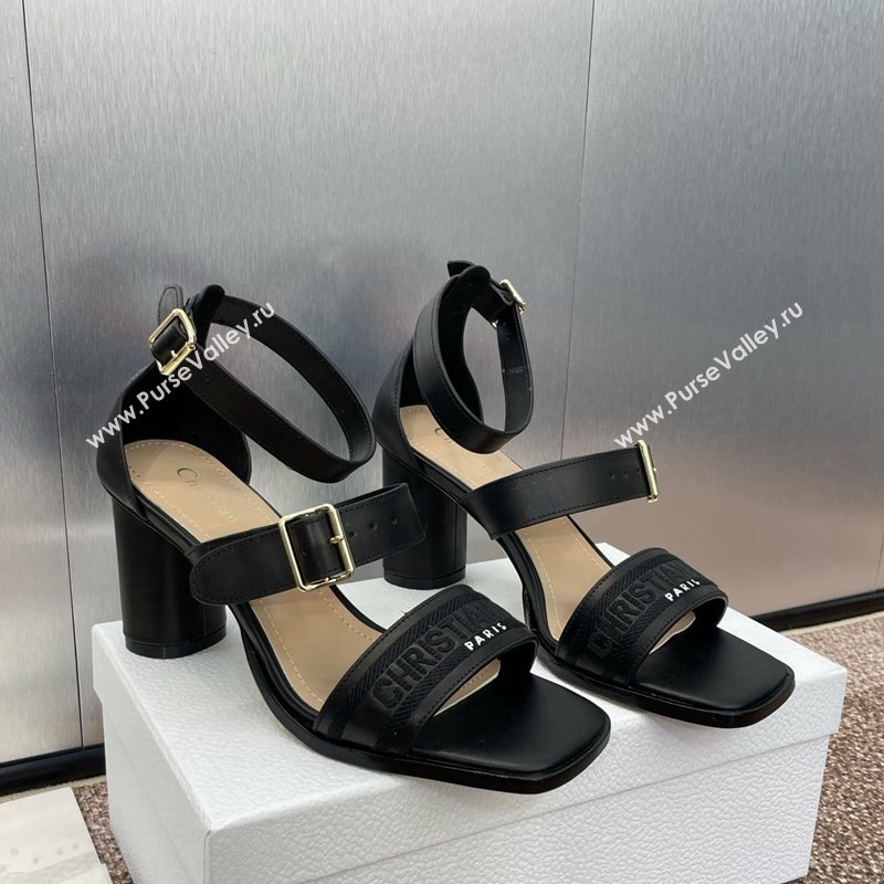 Dior Dway Heeled Sandals 7.5cm in Black Calfskin and Embroidered Cotton 2024 (JC-241231064)