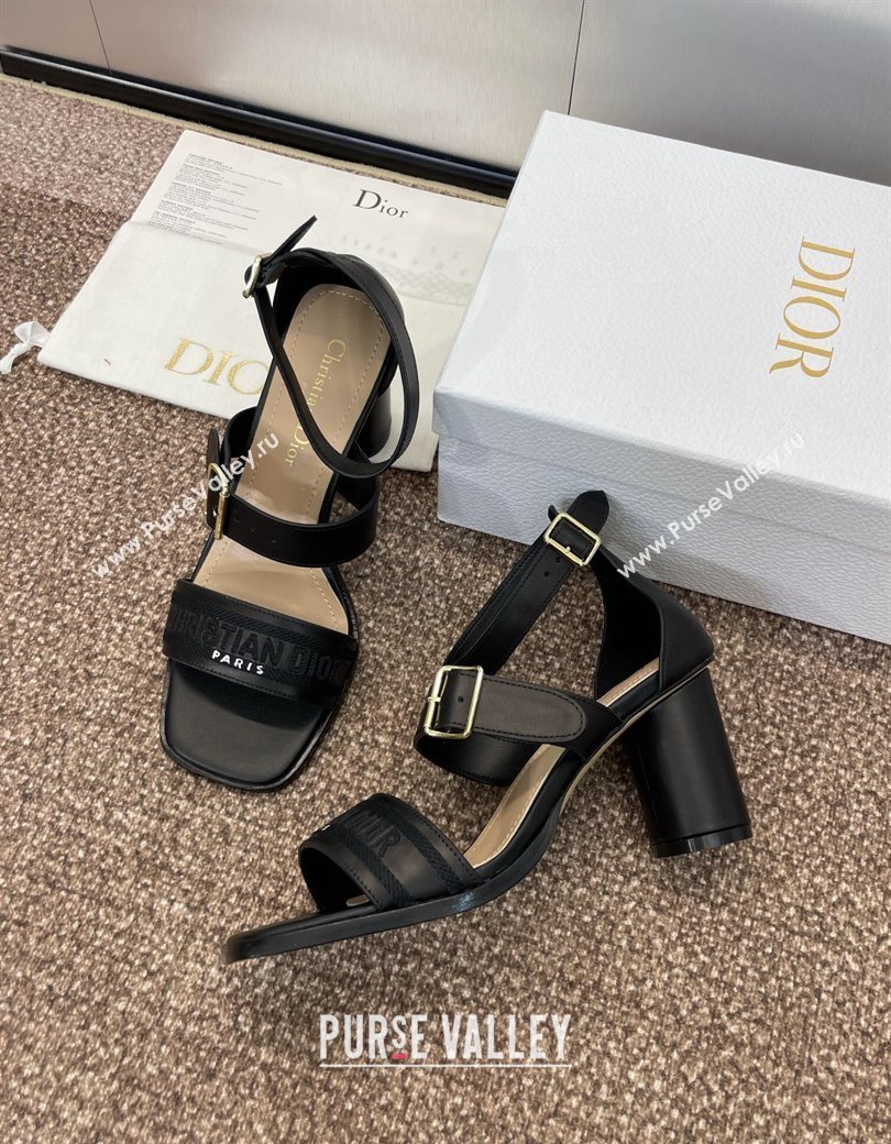 Dior Dway Heeled Sandals 7.5cm in Black Calfskin and Embroidered Cotton 2024 (JC-241231064)