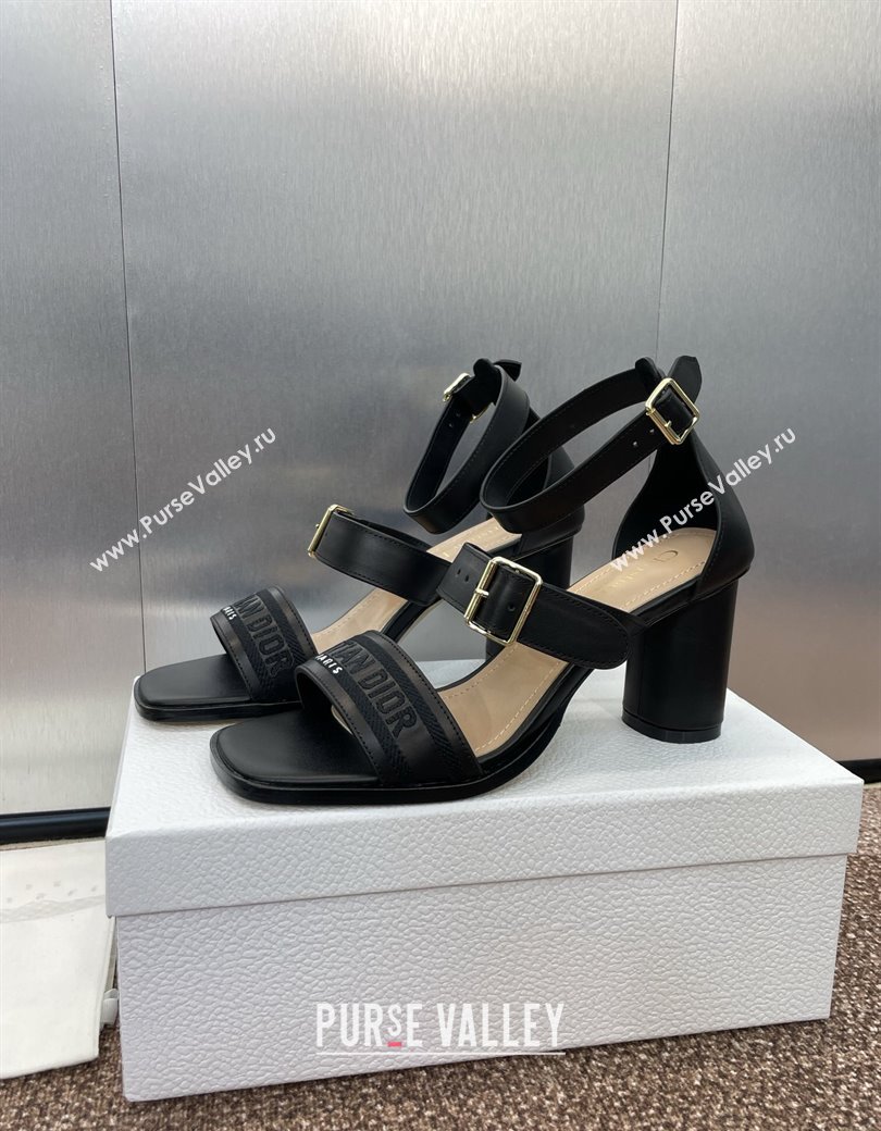 Dior Dway Heeled Sandals 7.5cm in Black Calfskin and Embroidered Cotton 2024 (JC-241231064)