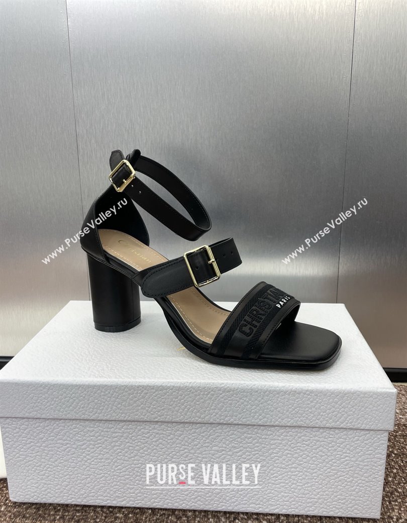 Dior Dway Heeled Sandals 7.5cm in Black Calfskin and Embroidered Cotton 2024 (JC-241231064)