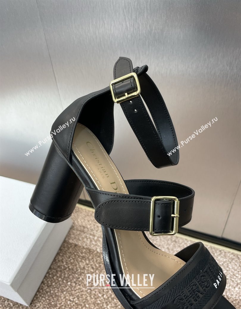 Dior Dway Heeled Sandals 7.5cm in Black Calfskin and Embroidered Cotton 2024 (JC-241231064)