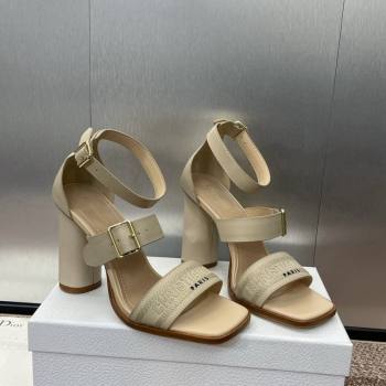 Dior Dway Heeled Sandals 9.5cm in Beige Calfskin and Embroidered Cotton 2024 (JC-241231065)