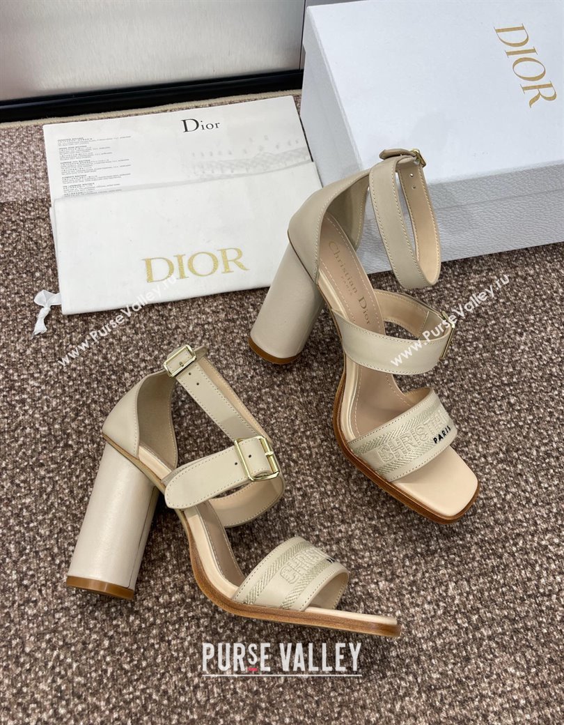 Dior Dway Heeled Sandals 9.5cm in Beige Calfskin and Embroidered Cotton 2024 (JC-241231065)