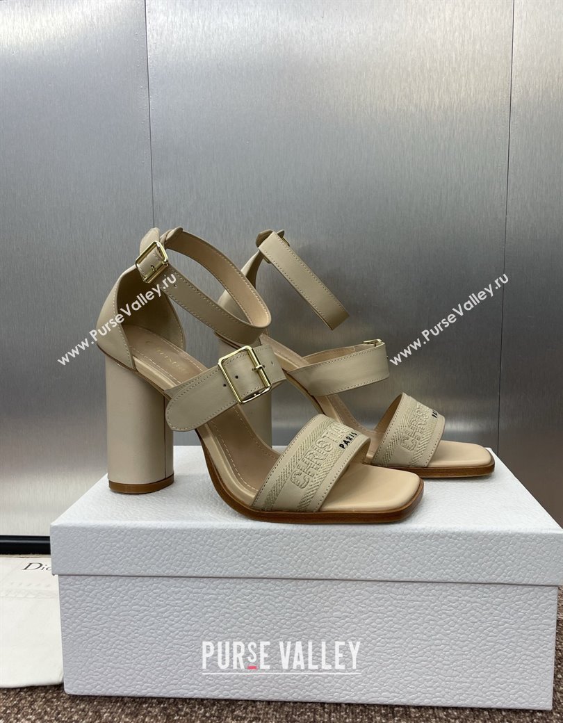 Dior Dway Heeled Sandals 9.5cm in Beige Calfskin and Embroidered Cotton 2024 (JC-241231065)