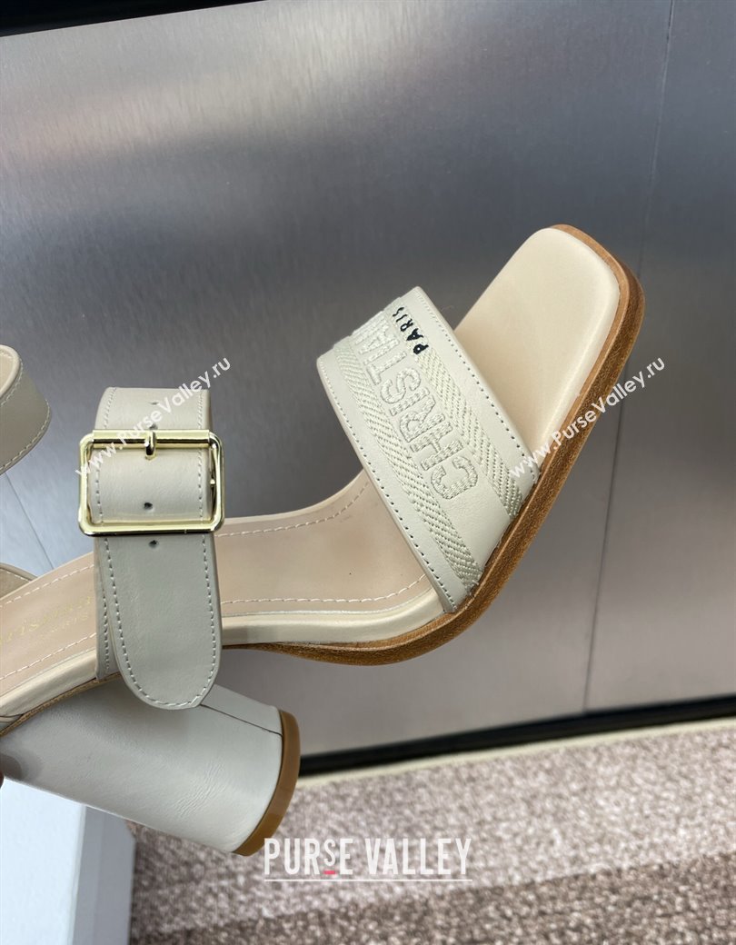 Dior Dway Heeled Sandals 9.5cm in Beige Calfskin and Embroidered Cotton 2024 (JC-241231065)