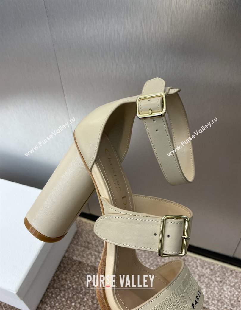 Dior Dway Heeled Sandals 9.5cm in Beige Calfskin and Embroidered Cotton 2024 (JC-241231065)