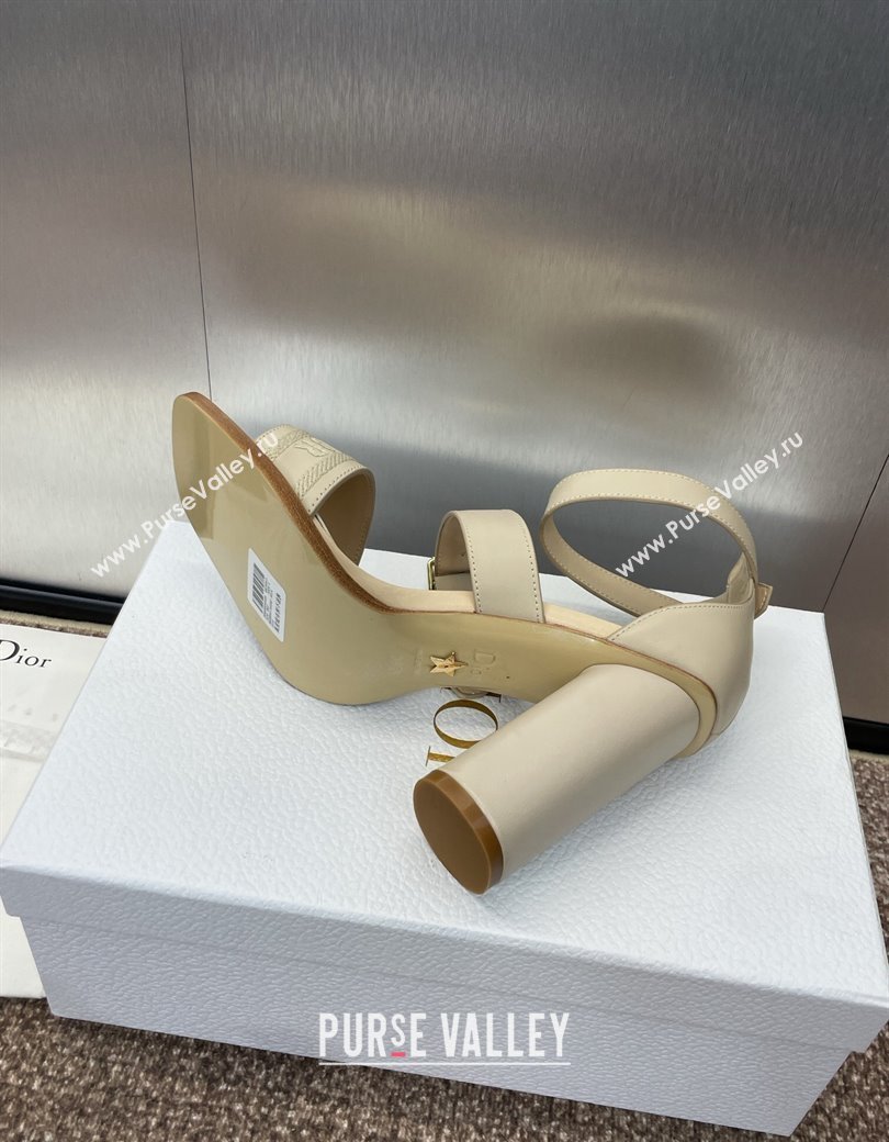 Dior Dway Heeled Sandals 9.5cm in Beige Calfskin and Embroidered Cotton 2024 (JC-241231065)