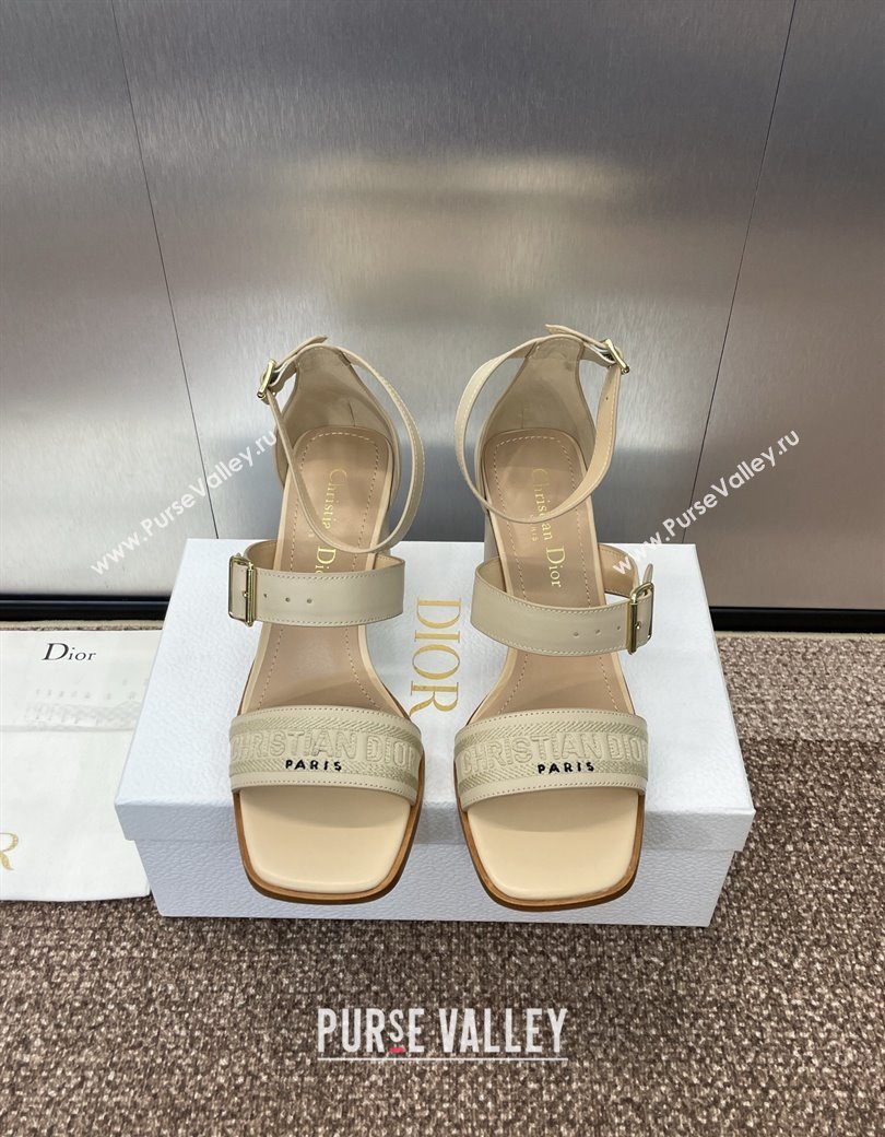 Dior Dway Heeled Sandals 7.5cm in Beige Calfskin and Embroidered Cotton 2024 (JC-241231066)