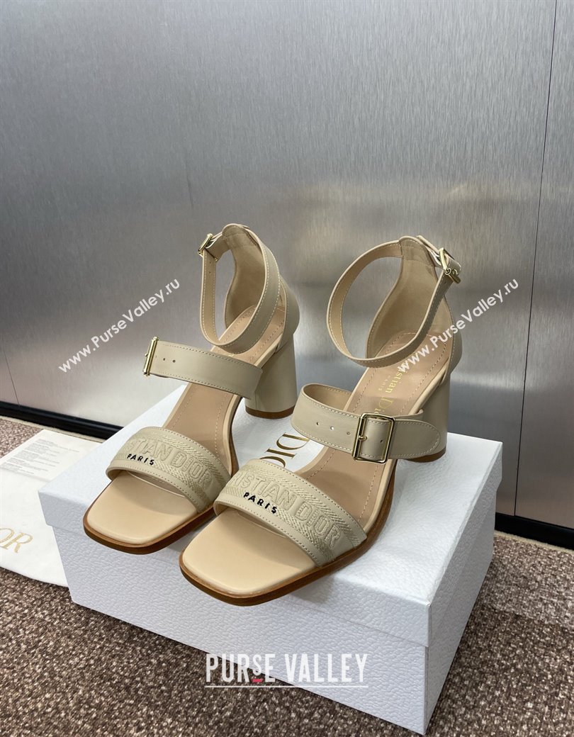 Dior Dway Heeled Sandals 7.5cm in Beige Calfskin and Embroidered Cotton 2024 (JC-241231066)