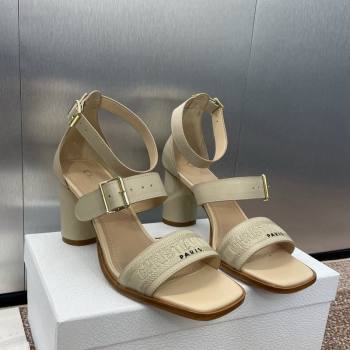 Dior Dway Heeled Sandals 7.5cm in Beige Calfskin and Embroidered Cotton 2024 (JC-241231066)