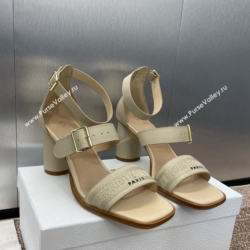 Dior Dway Heeled Sandals 7.5cm in Beige Calfskin and Embroidered Cotton 2024 (JC-241231066)