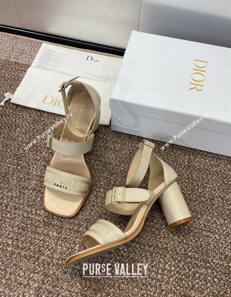 Dior Dway Heeled Sandals 7.5cm in Beige Calfskin and Embroidered Cotton 2024 (JC-241231066)