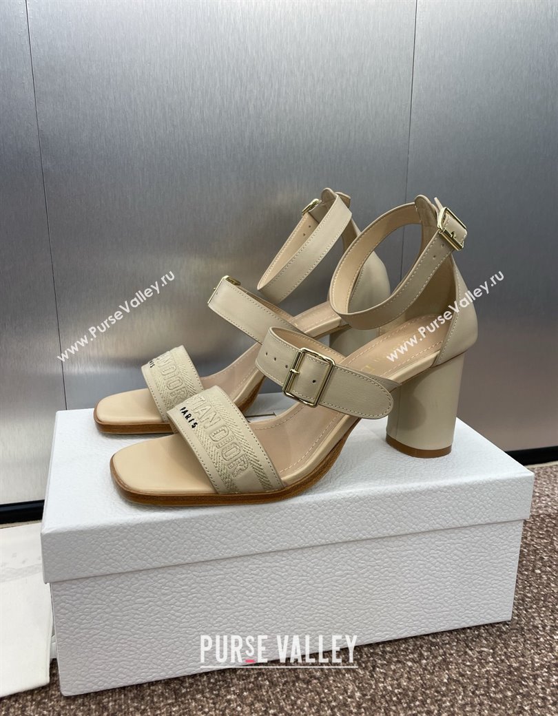 Dior Dway Heeled Sandals 7.5cm in Beige Calfskin and Embroidered Cotton 2024 (JC-241231066)