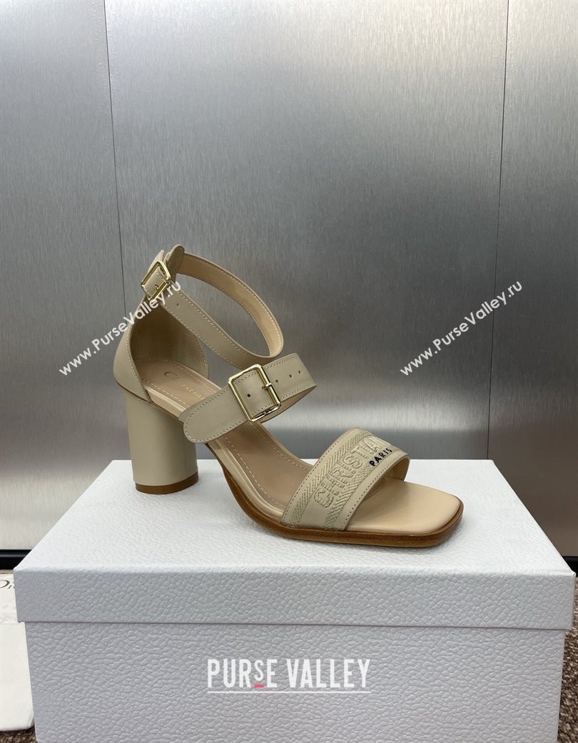 Dior Dway Heeled Sandals 7.5cm in Beige Calfskin and Embroidered Cotton 2024 (JC-241231066)