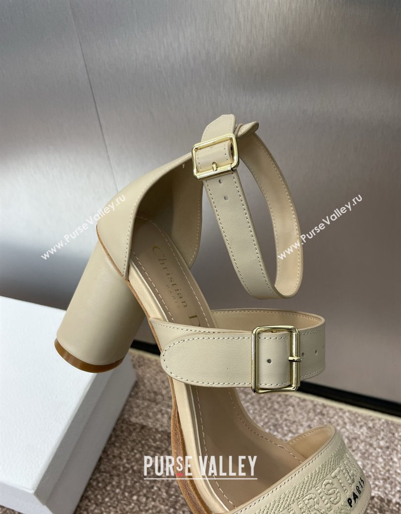 Dior Dway Heeled Sandals 7.5cm in Beige Calfskin and Embroidered Cotton 2024 (JC-241231066)