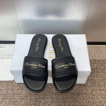 Dior D-Lane Flat Slides Sandal in Calfskin with Openwork Microcannage Motif Black 2024 (JC-241231033)