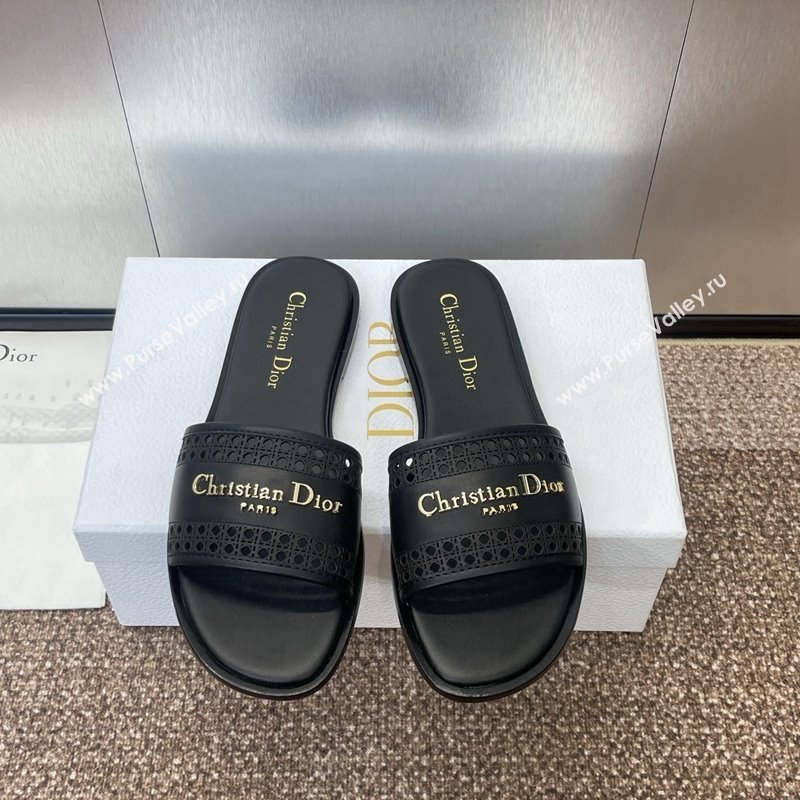 Dior D-Lane Flat Slides Sandal in Calfskin with Openwork Microcannage Motif Black 2024 (JC-241231033)