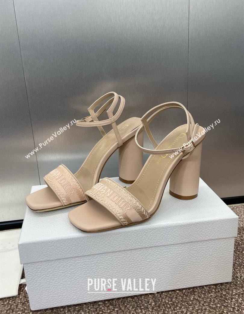 Dior Dway Heeled Sandals 9.5cm in Nude Embroidered Satin and Lambskin 2024 (JC-241231067)