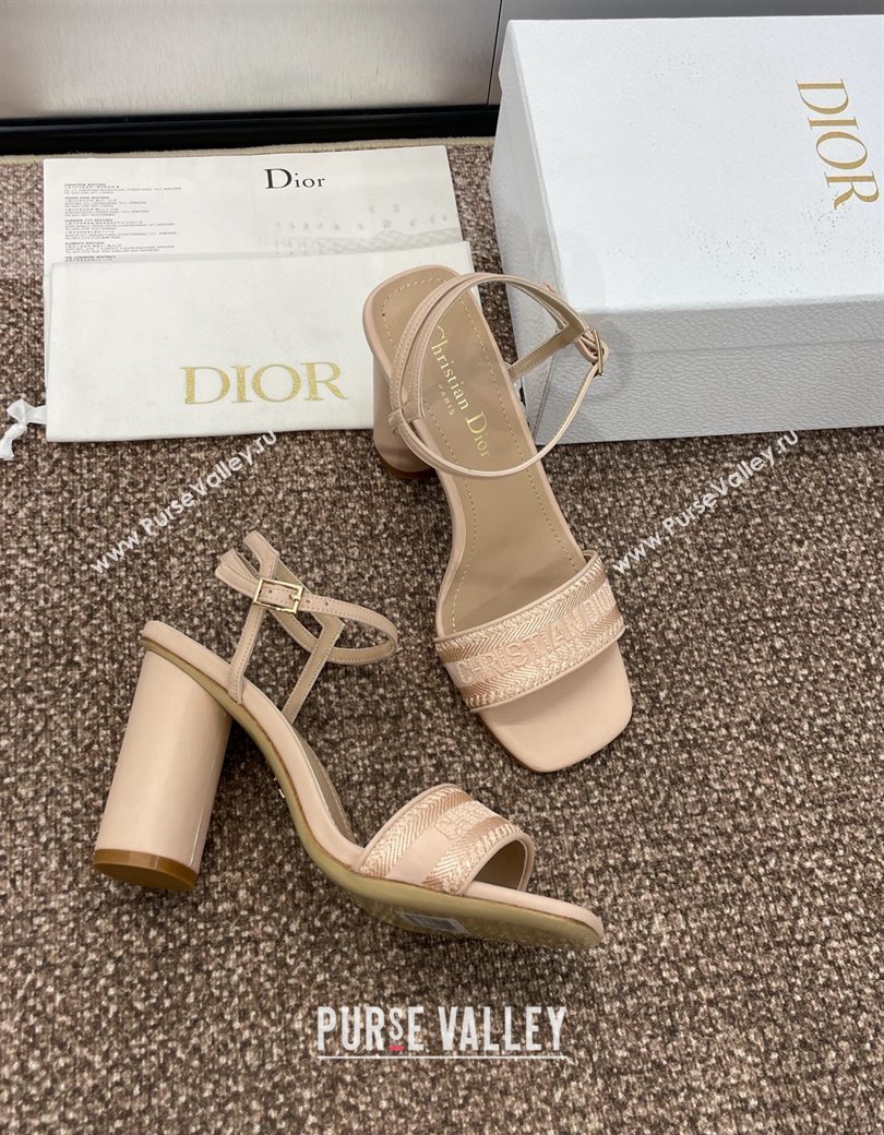 Dior Dway Heeled Sandals 9.5cm in Nude Embroidered Satin and Lambskin 2024 (JC-241231067)