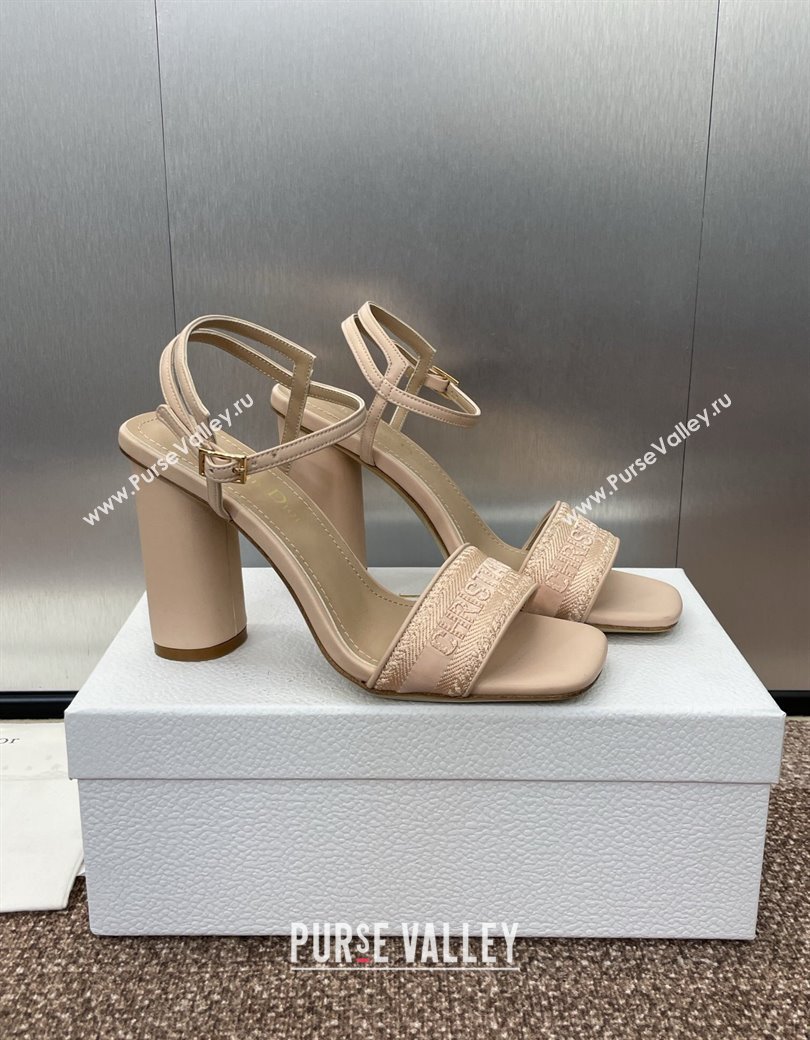 Dior Dway Heeled Sandals 9.5cm in Nude Embroidered Satin and Lambskin 2024 (JC-241231067)