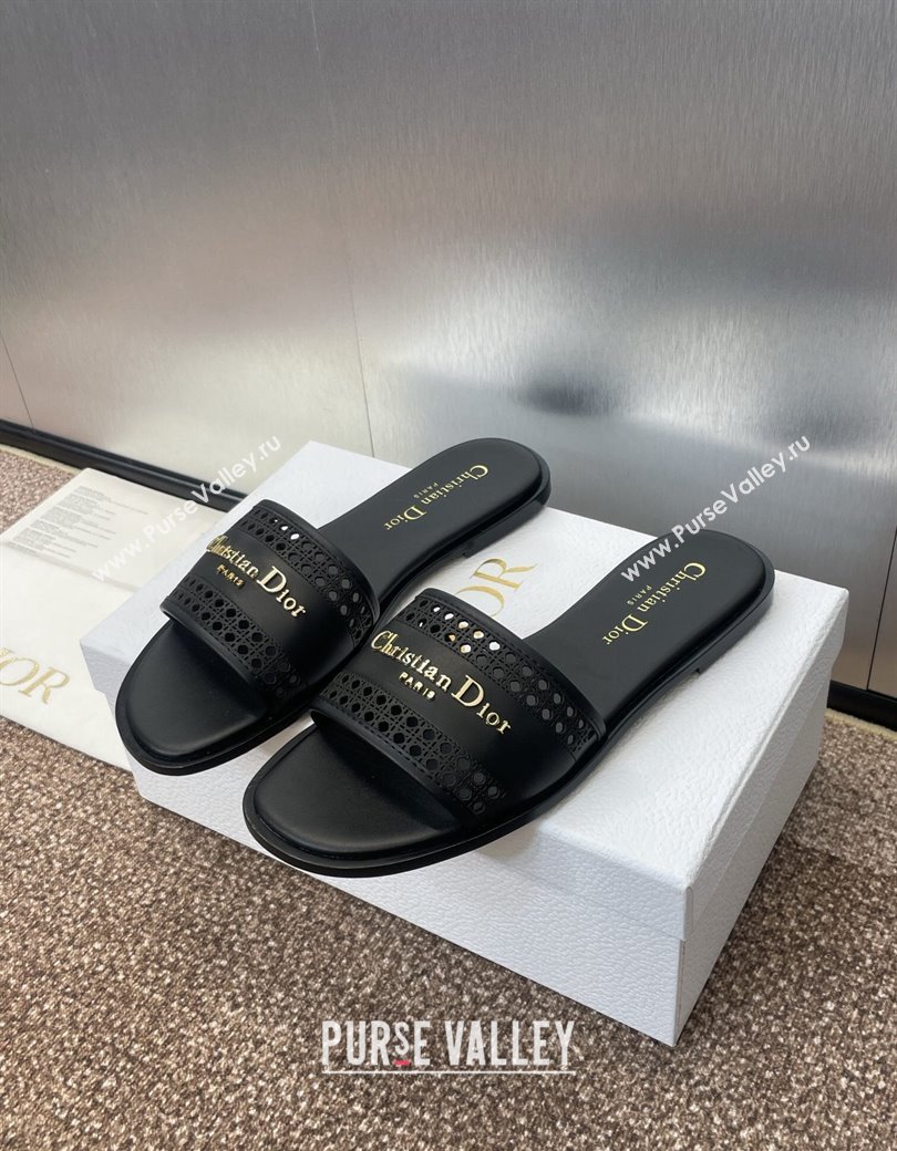 Dior D-Lane Flat Slides Sandal in Calfskin with Openwork Microcannage Motif Black 2024 (JC-241231033)