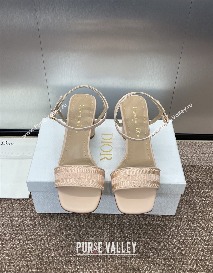 Dior Dway Heeled Sandals 7.5cm in Nude Embroidered Satin and Lambskin 2024 (JC-241231068)