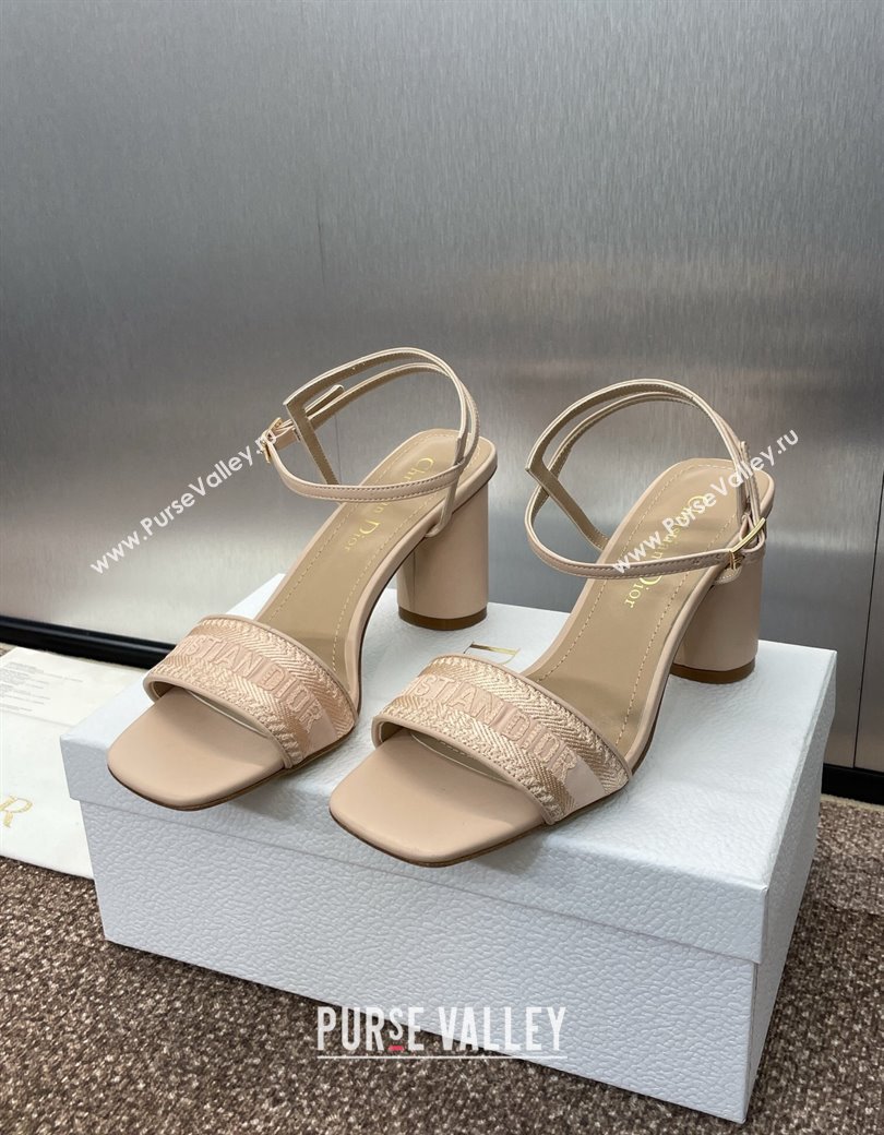 Dior Dway Heeled Sandals 7.5cm in Nude Embroidered Satin and Lambskin 2024 (JC-241231068)