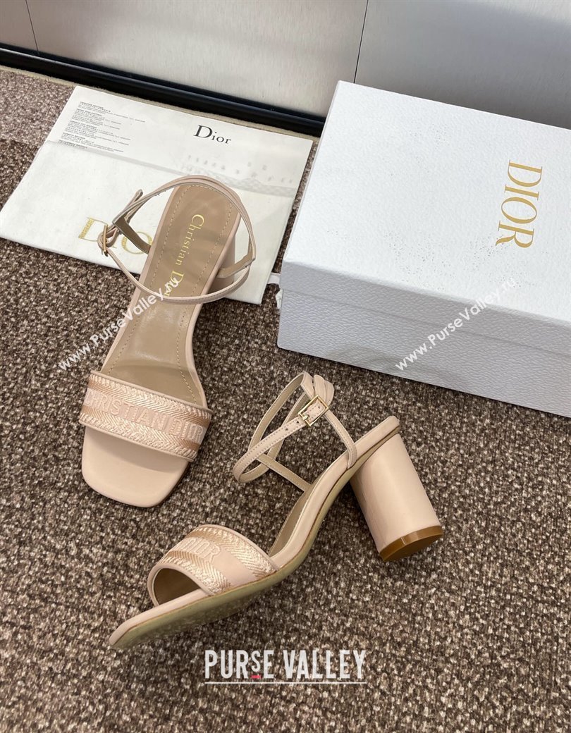 Dior Dway Heeled Sandals 7.5cm in Nude Embroidered Satin and Lambskin 2024 (JC-241231068)