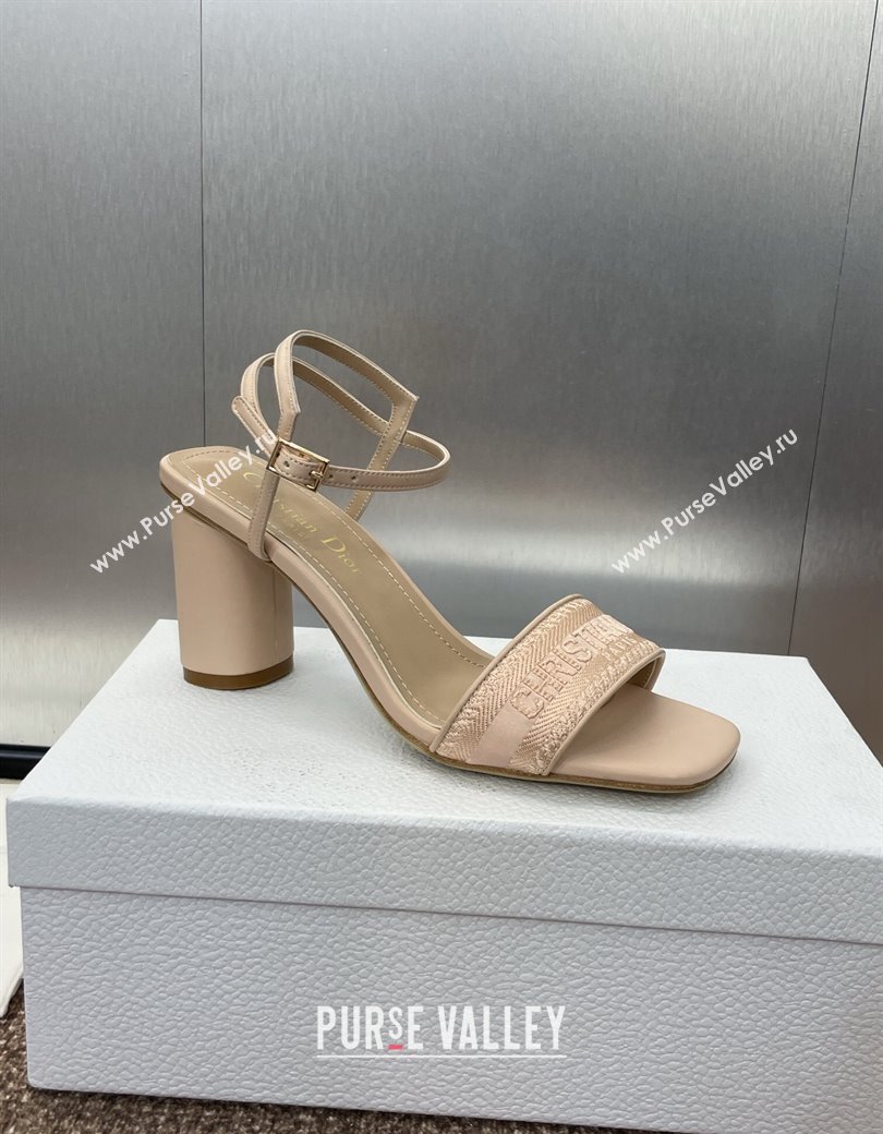 Dior Dway Heeled Sandals 7.5cm in Nude Embroidered Satin and Lambskin 2024 (JC-241231068)