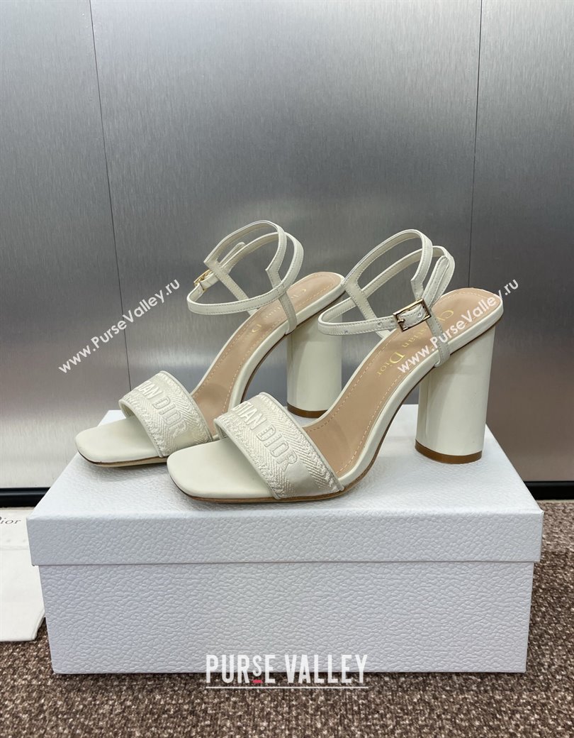 Dior Dway Heeled Sandals 9.5cm in White Embroidered Satin and Lambskin 2024 (JC-241231069)