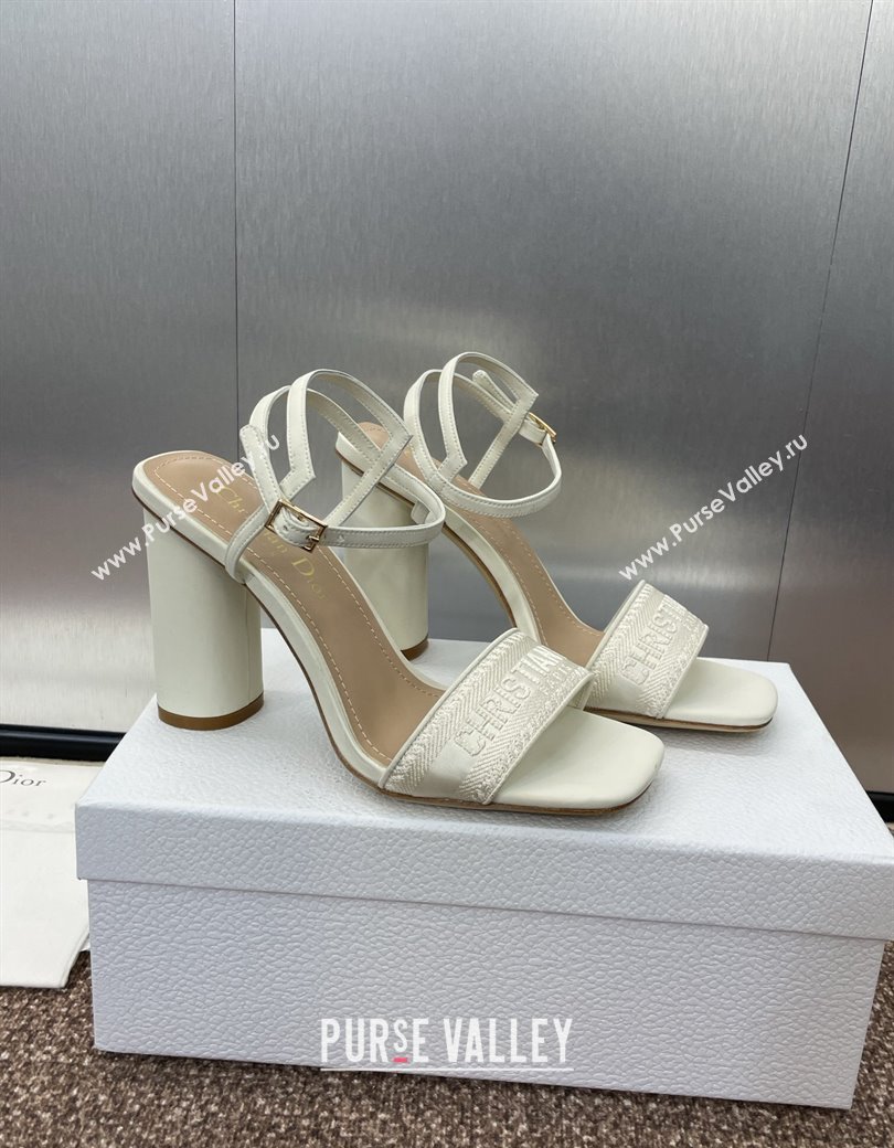 Dior Dway Heeled Sandals 9.5cm in White Embroidered Satin and Lambskin 2024 (JC-241231069)