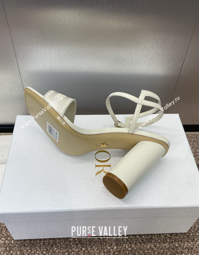 Dior Dway Heeled Sandals 9.5cm in White Embroidered Satin and Lambskin 2024 (JC-241231069)