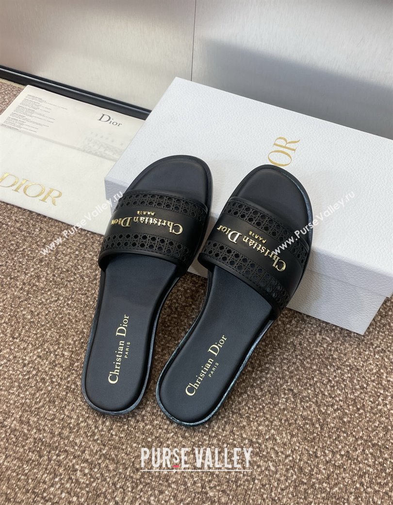 Dior D-Lane Flat Slides Sandal in Calfskin with Openwork Microcannage Motif Black 2024 (JC-241231033)