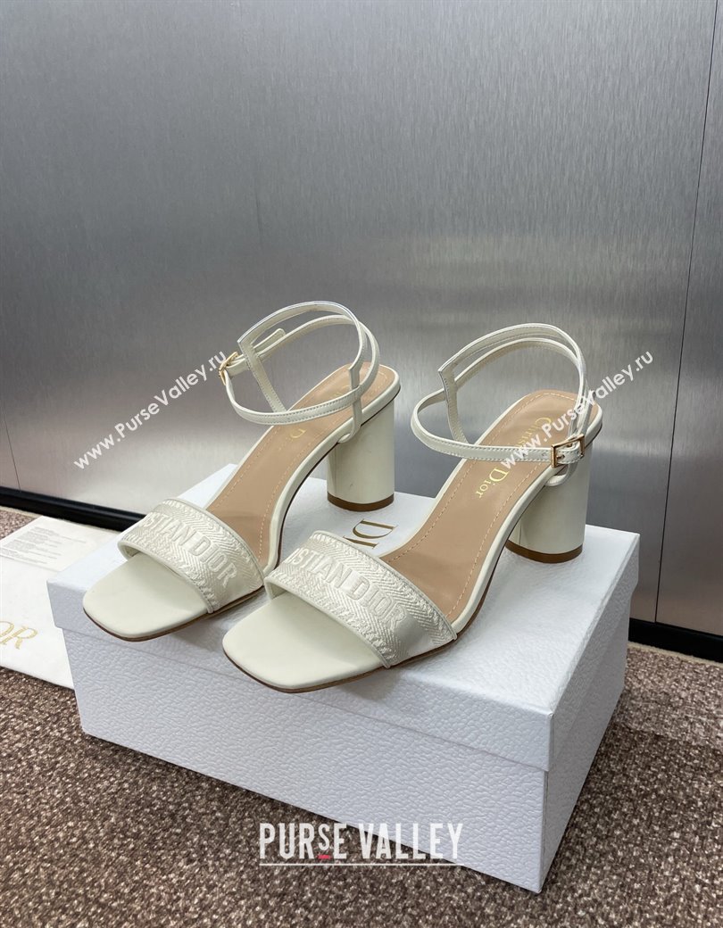 Dior Dway Heeled Sandals 7.5cm in White Embroidered Satin and Lambskin 2024 (JC-241231070)