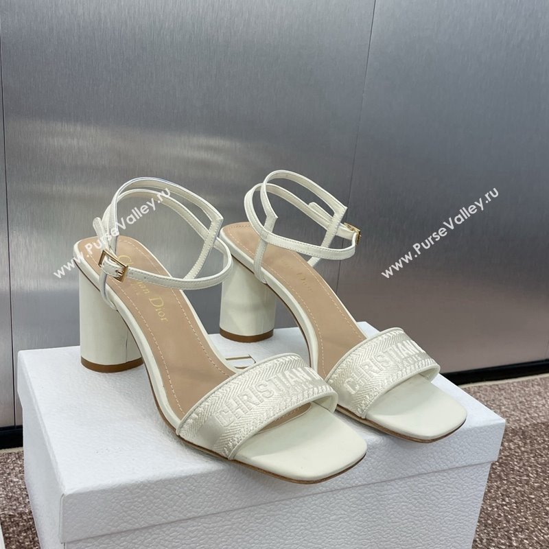 Dior Dway Heeled Sandals 7.5cm in White Embroidered Satin and Lambskin 2024 (JC-241231070)